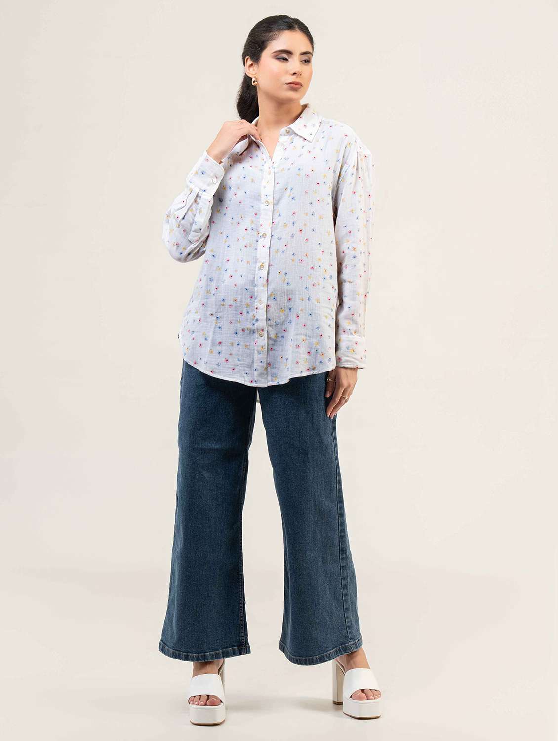 women printed collared long sleeve shirt - 22220243 -  Standard Image - 2