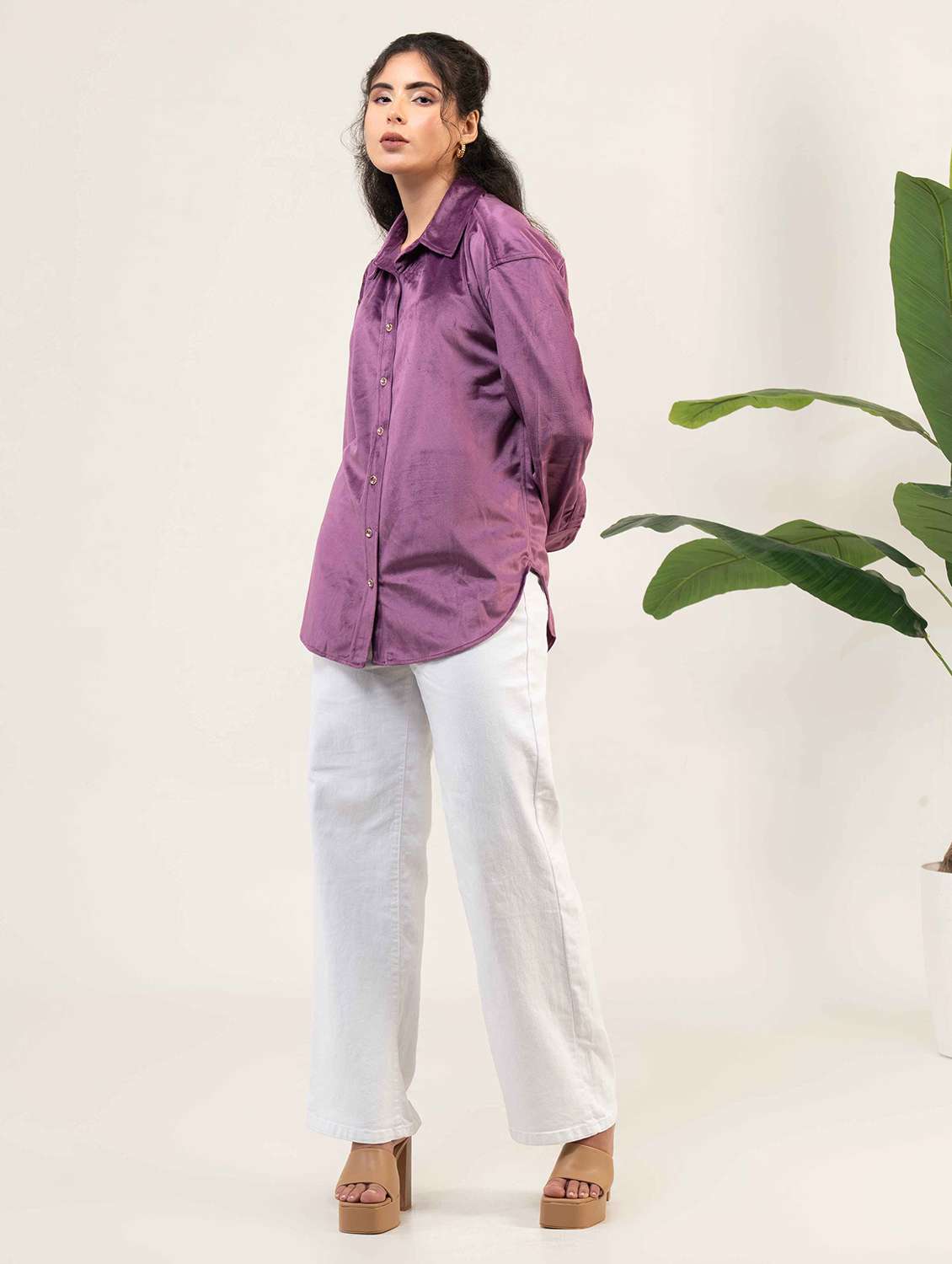 women solid collared long sleeve shirt - 22220247 -  Standard Image - 2