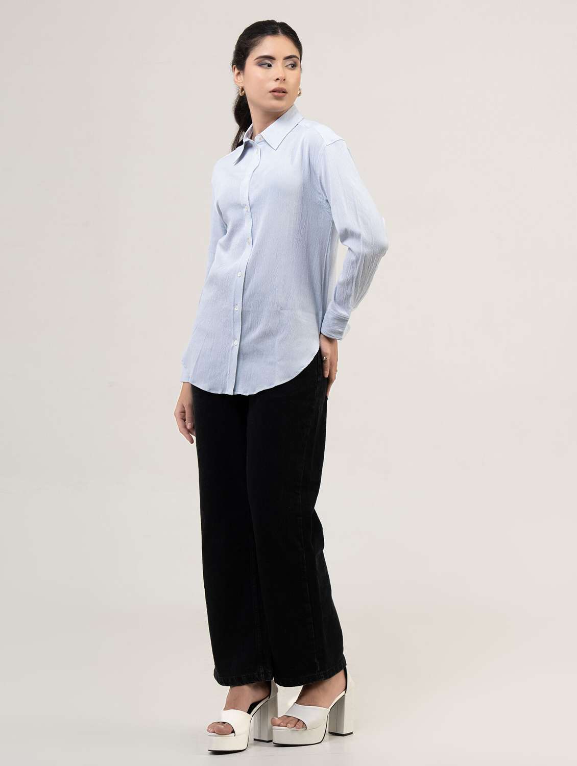 women solid collared long sleeve shirt - 22220248 -  Standard Image - 2