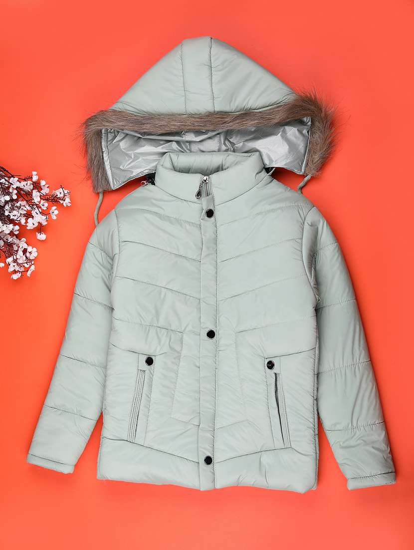 kids solid long sleeve hooded quilted jacket