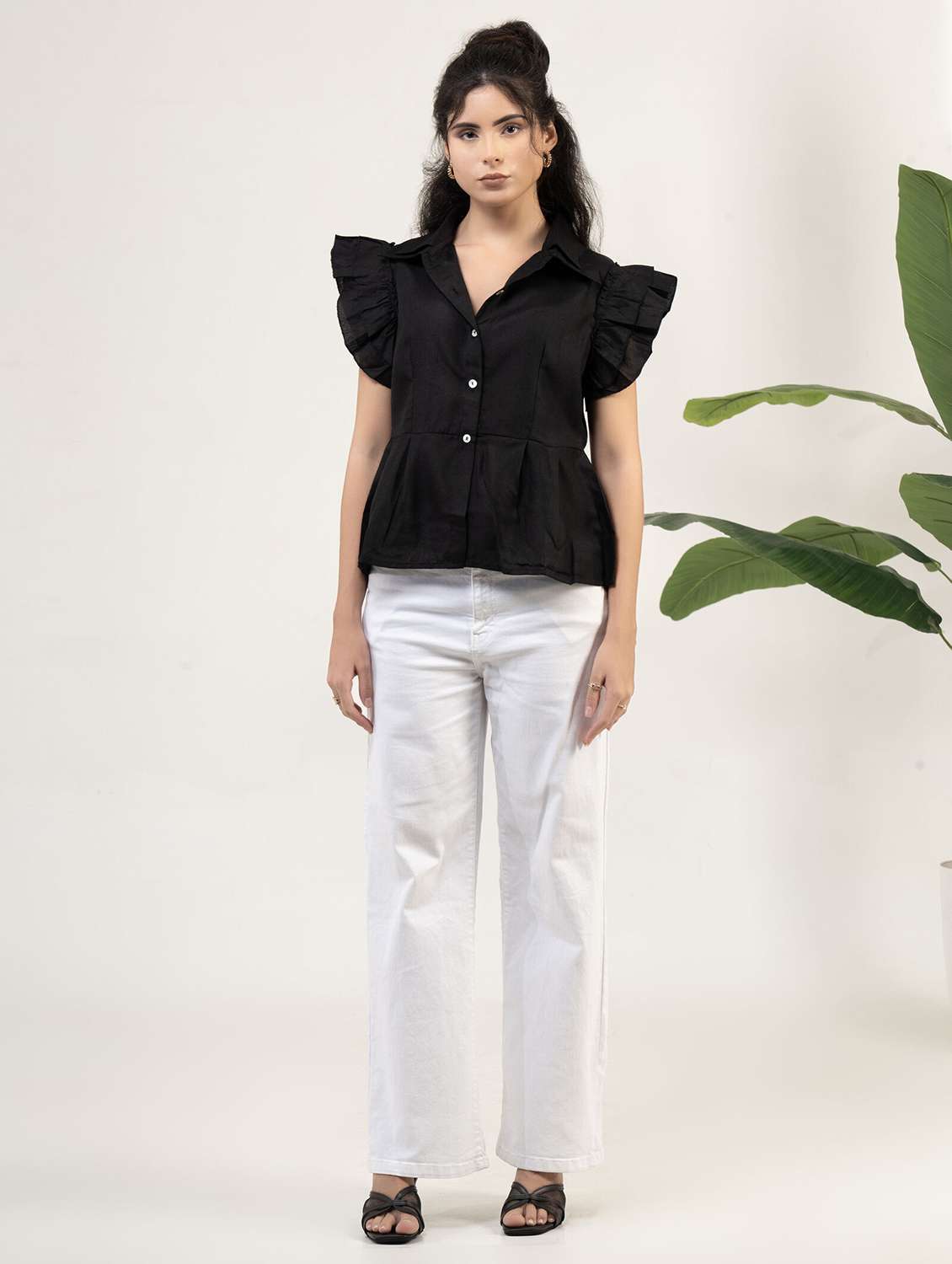 women solid ruffle sleeve peplum top - 22220313 -  Standard Image - 2