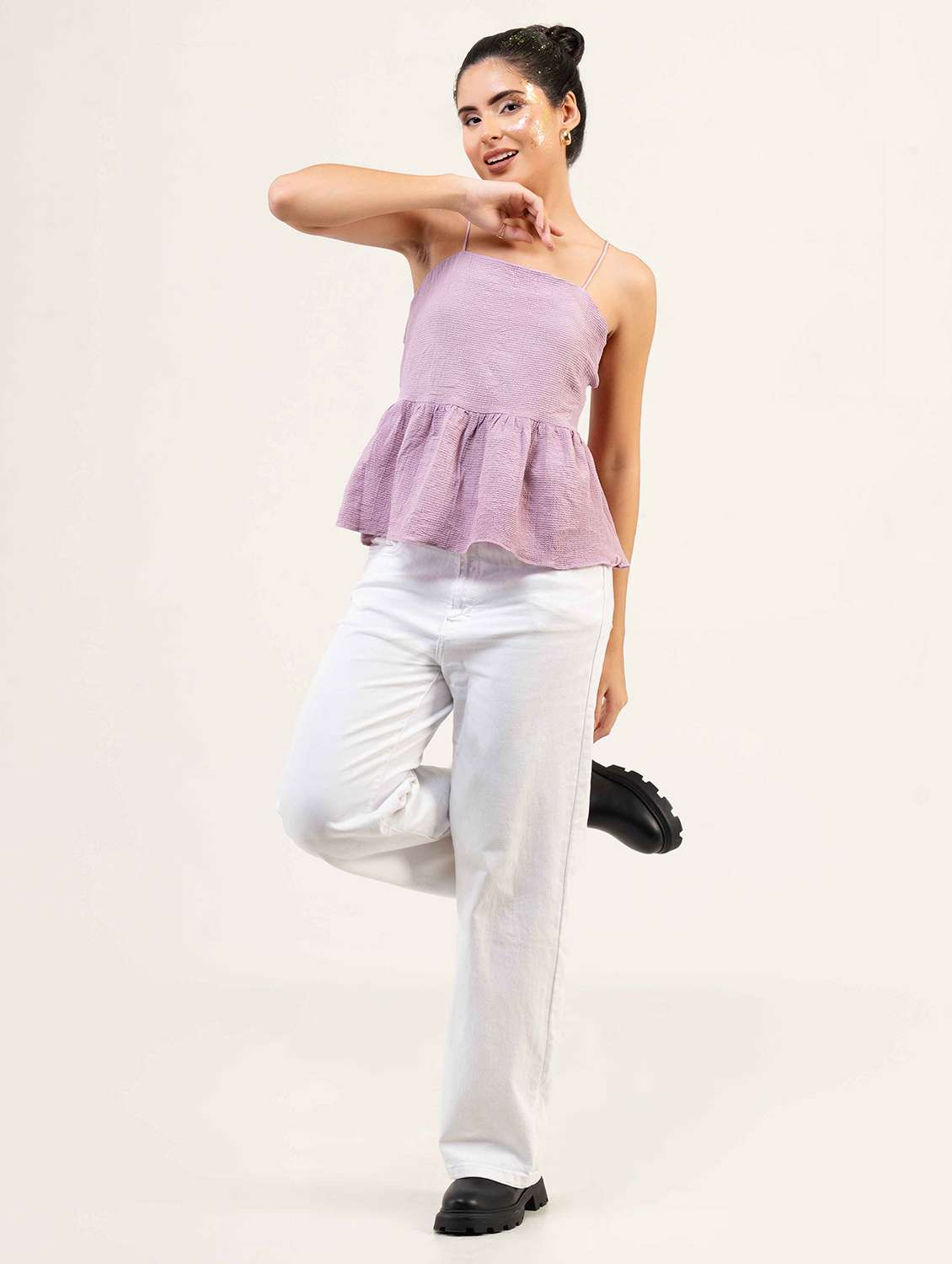 women solid shoulder strap peplum top