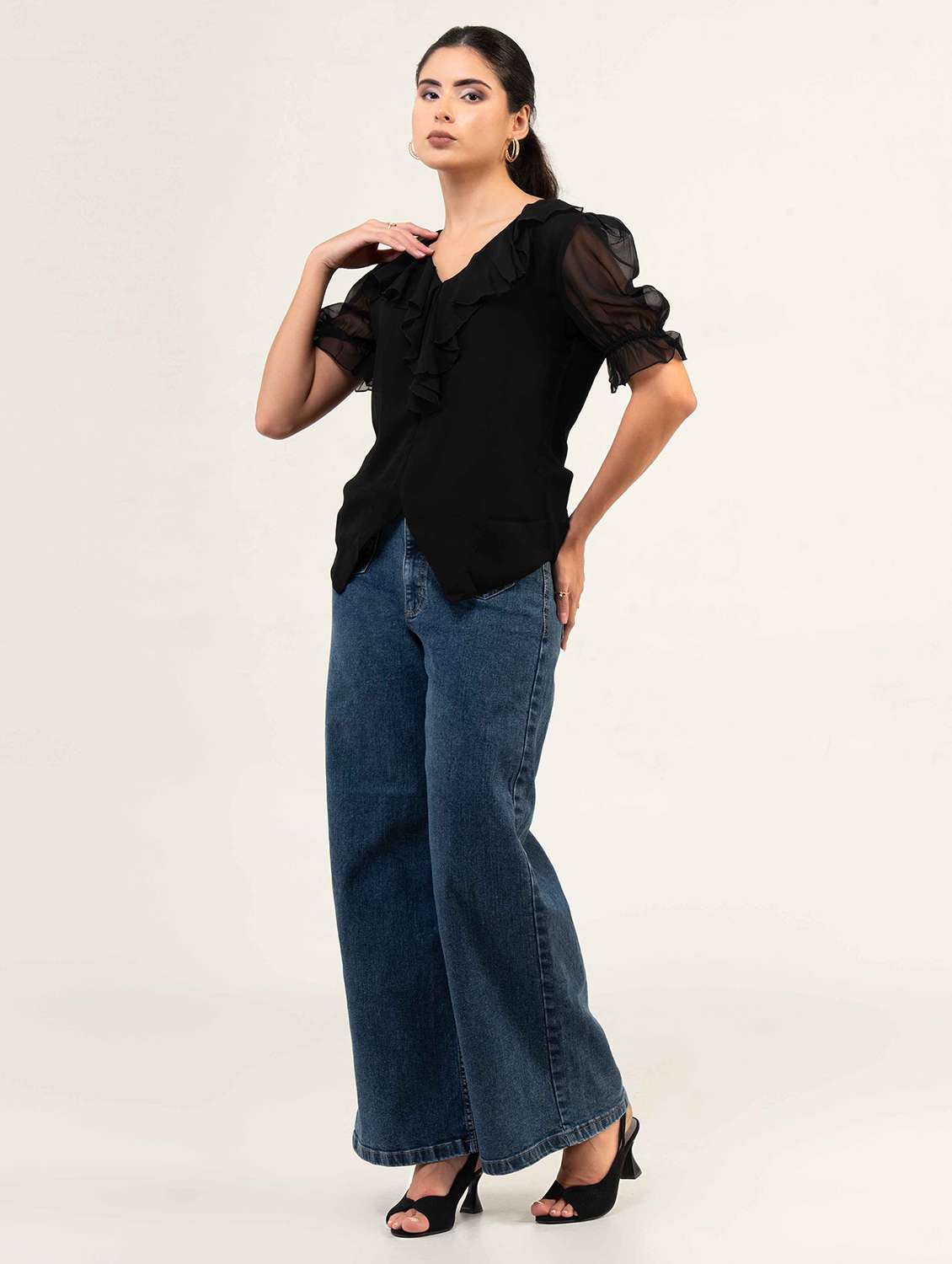 women solid puff sleeve asymmetric top - 22220321 -  Standard Image - 2