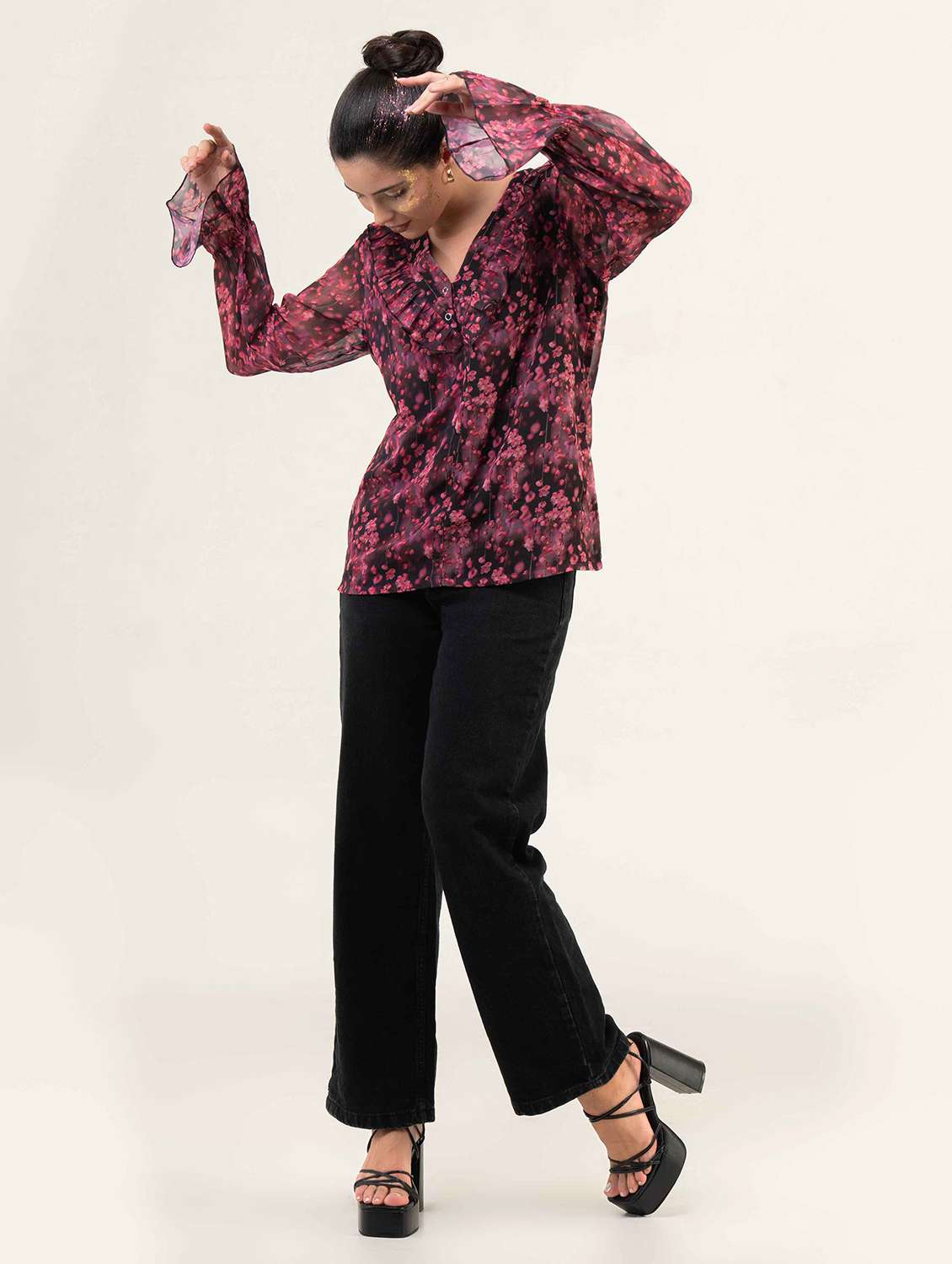 women printed long sleeve straight top - 22220324 -  Standard Image - 2