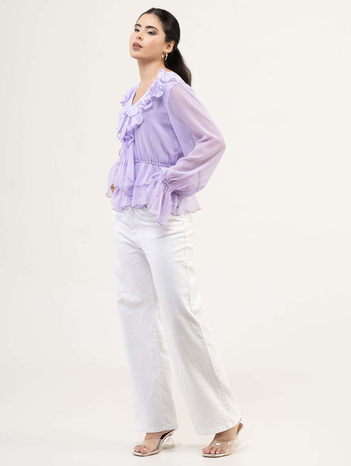 women solid bell sleeve ruffle top - 22220327 -  Standard Image - 2