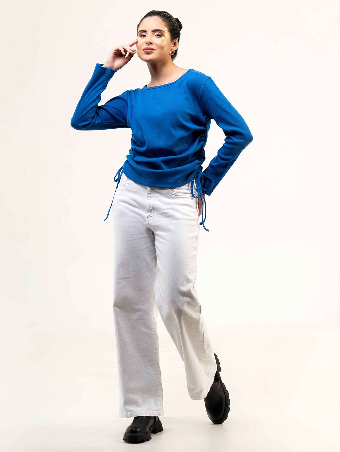 women solid long sleeve ruched top - 22220331 -  Standard Image - 2