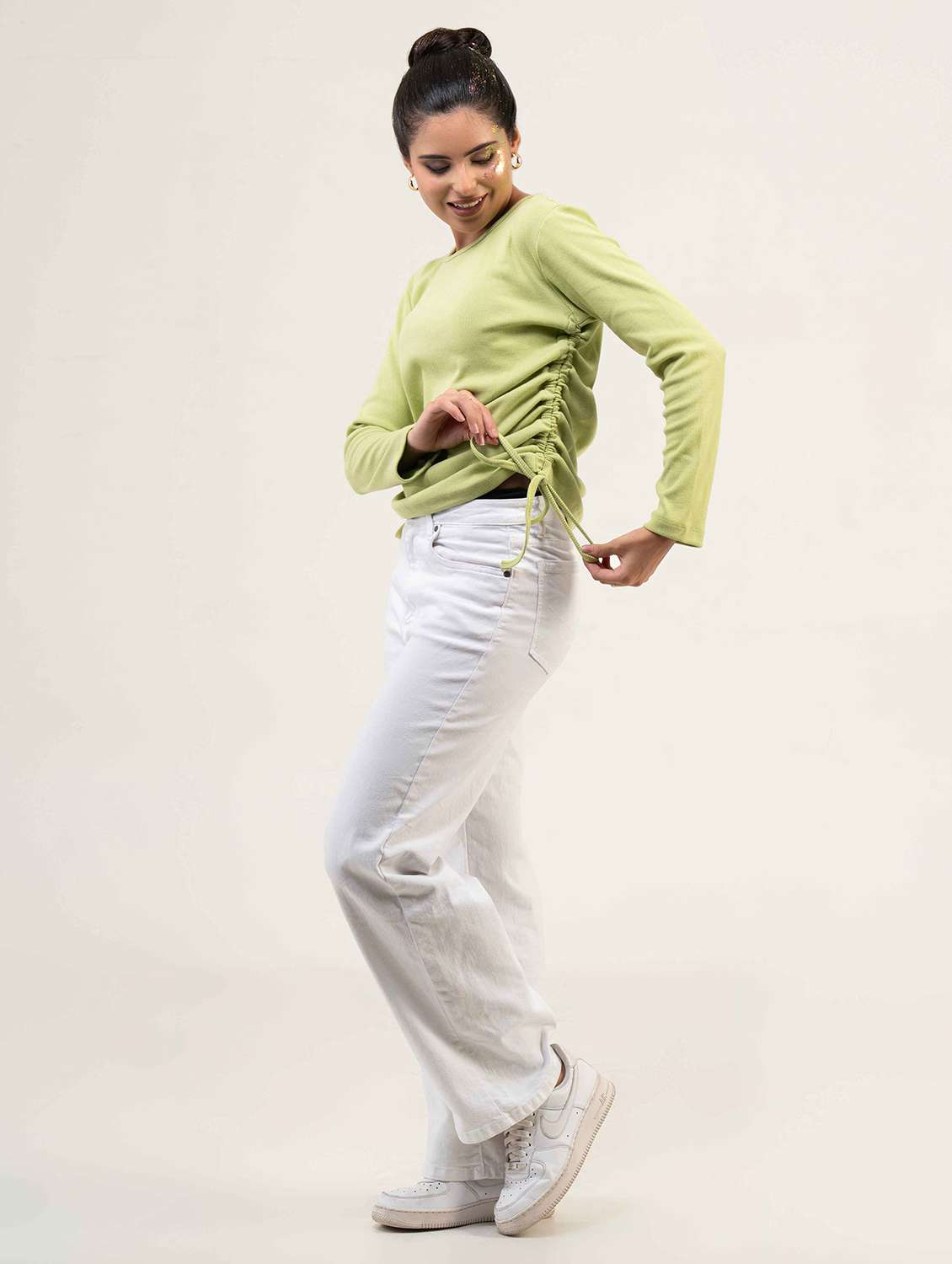 women solid long sleeve ruched top - 22220332 -  Standard Image - 2