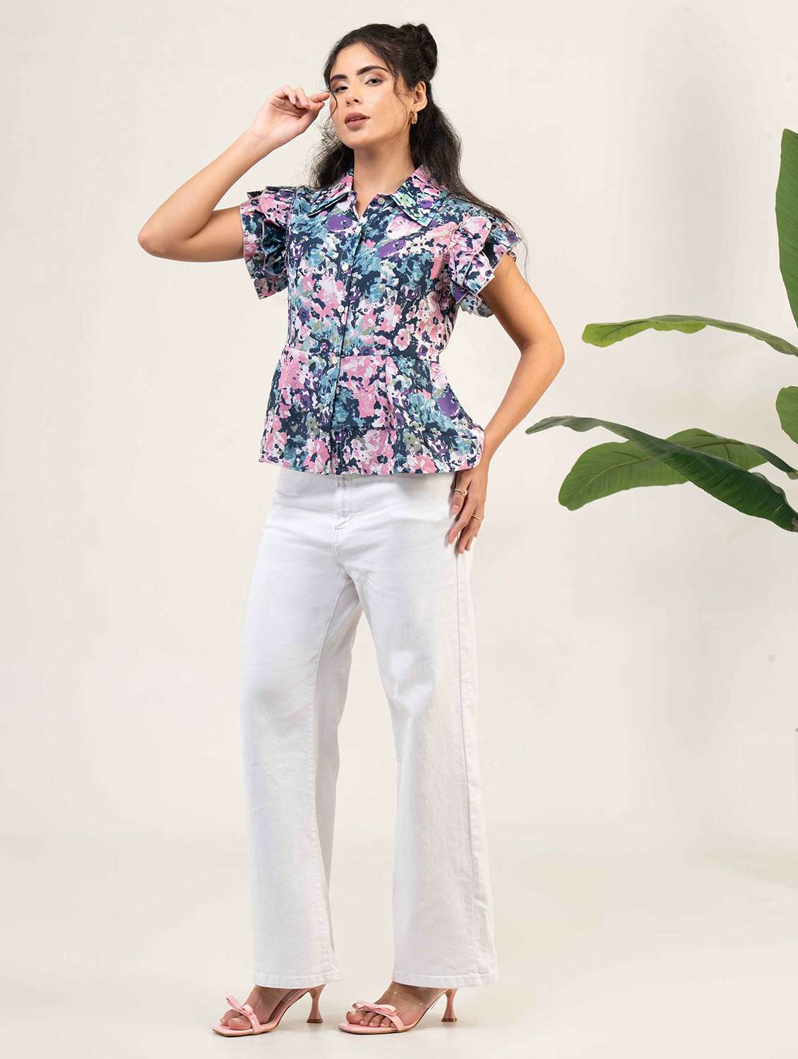 women printed collared flutter sleeve shirt top - 22220334 -  Standard Image - 2