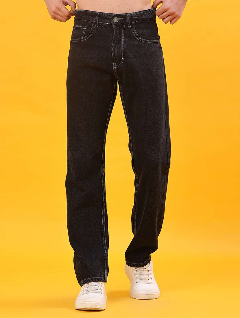 men plain mid rise full length straight fit jeans