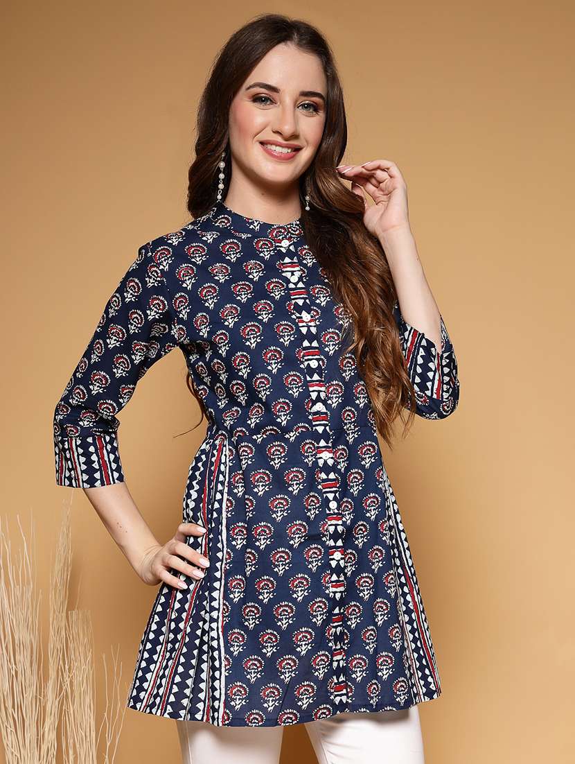 women printed three quarter sleeve a-line kurti