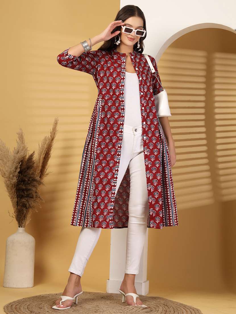 women printed three quarter sleeve long ethnic shrug