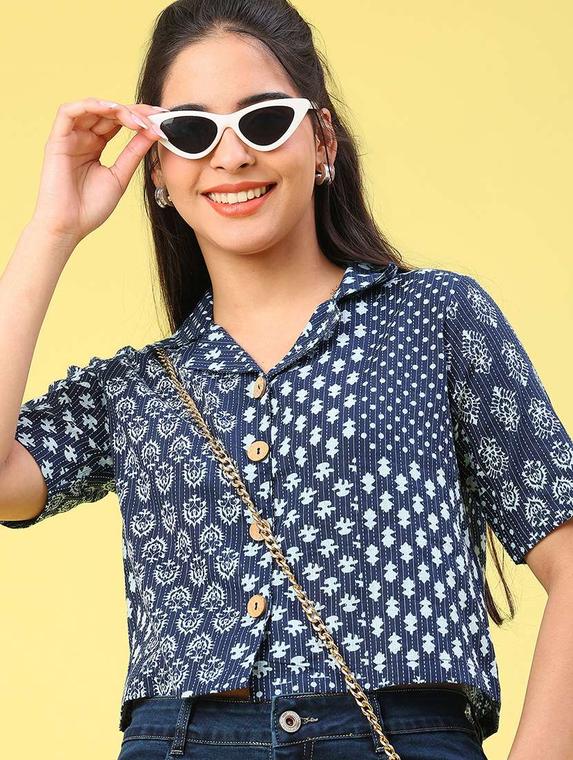 women printed short sleeve crop shirt