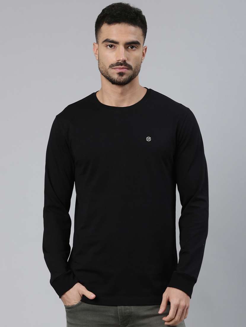 black cotton blend sports t-men solid long sleeve regular fit t-shirt