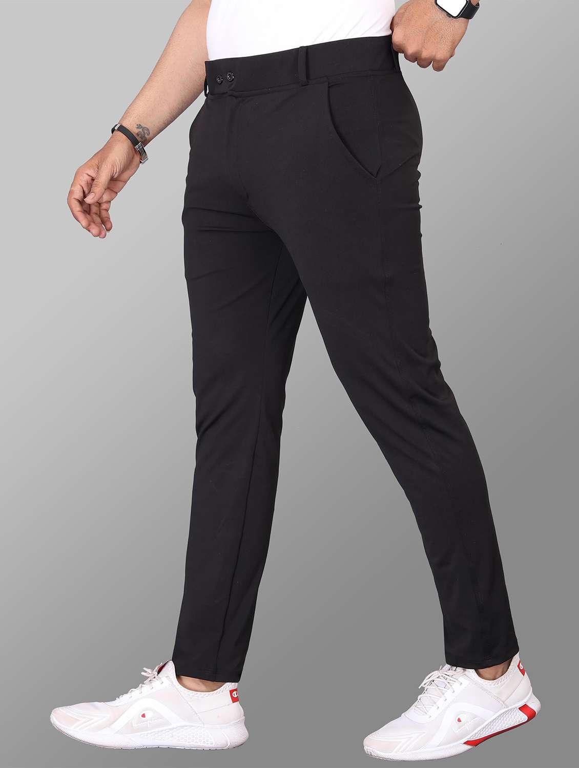 men solid mid rise flat front casual trouser - 22223504 -  Standard Image - 2