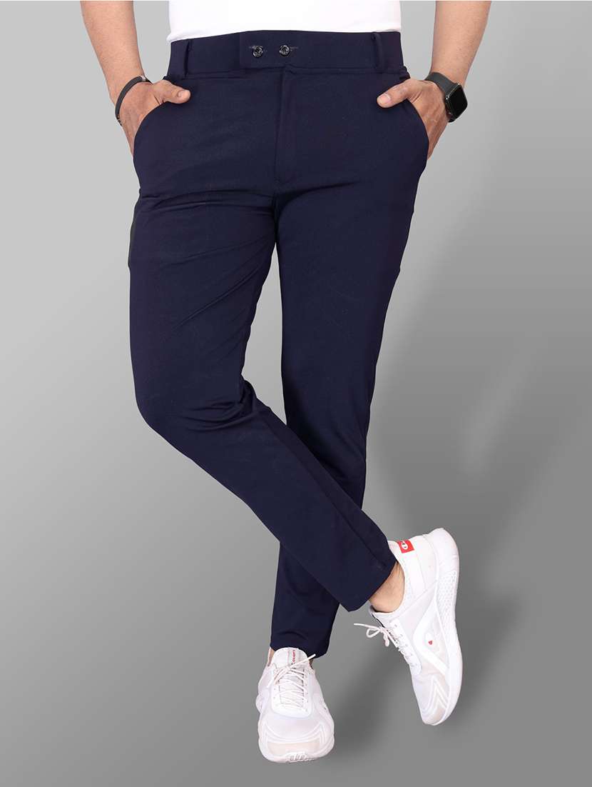 men solid mid rise flat front casual trouser