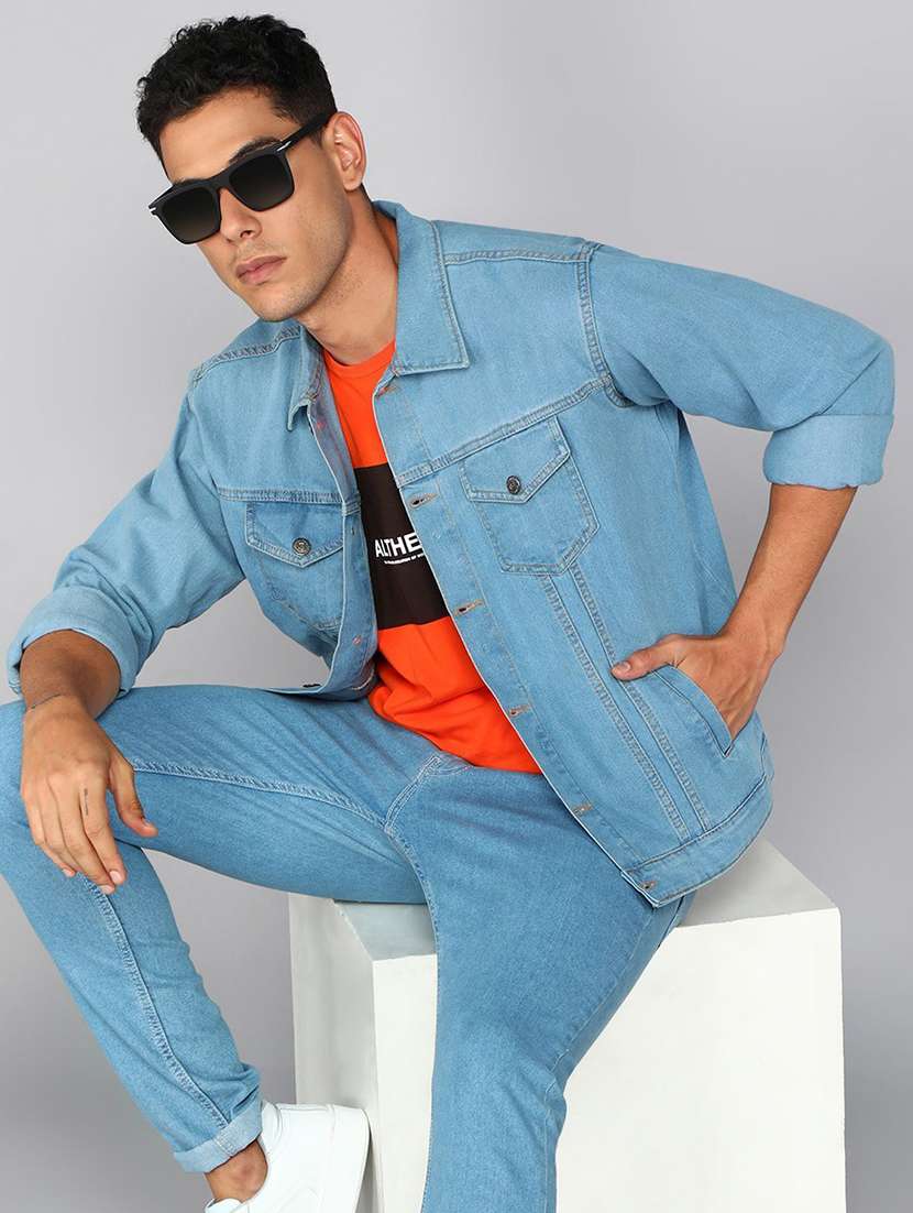 men solid long sleeve denim casual jacket