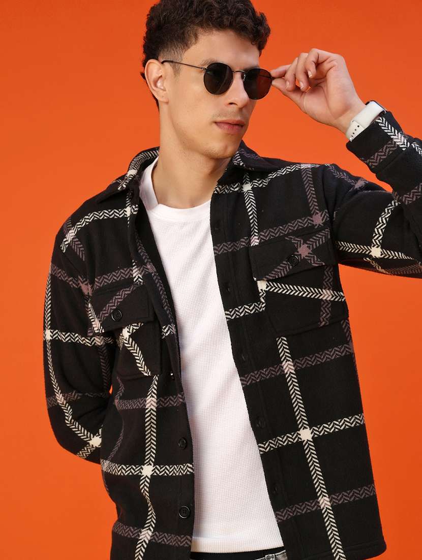 men checkered long sleeve regular fit shacket