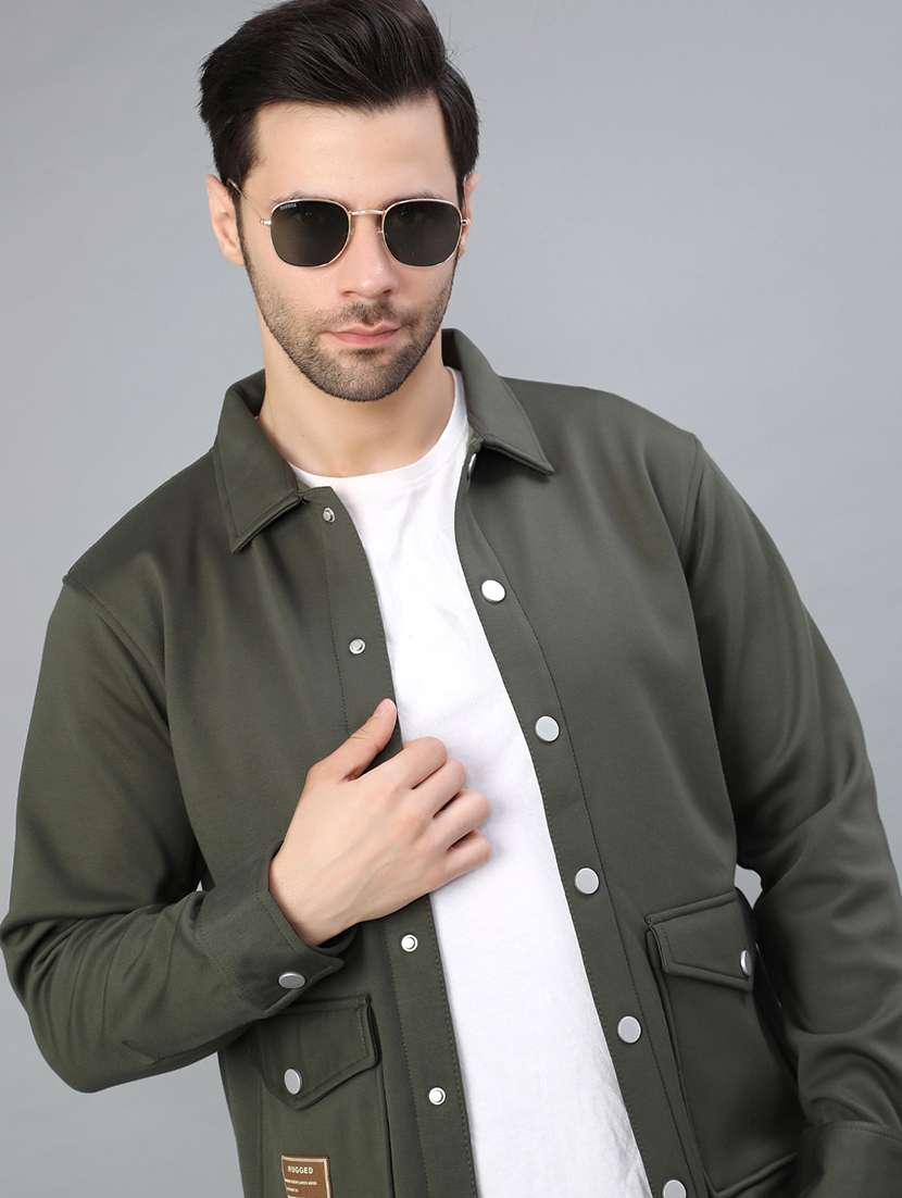 men solid long sleeve regualr fit shacket