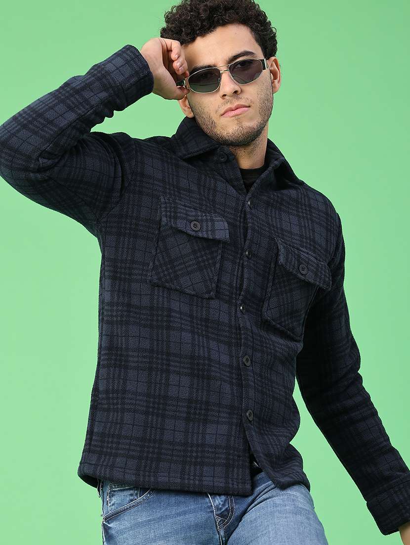 men checkered long sleeve regular fit shacket