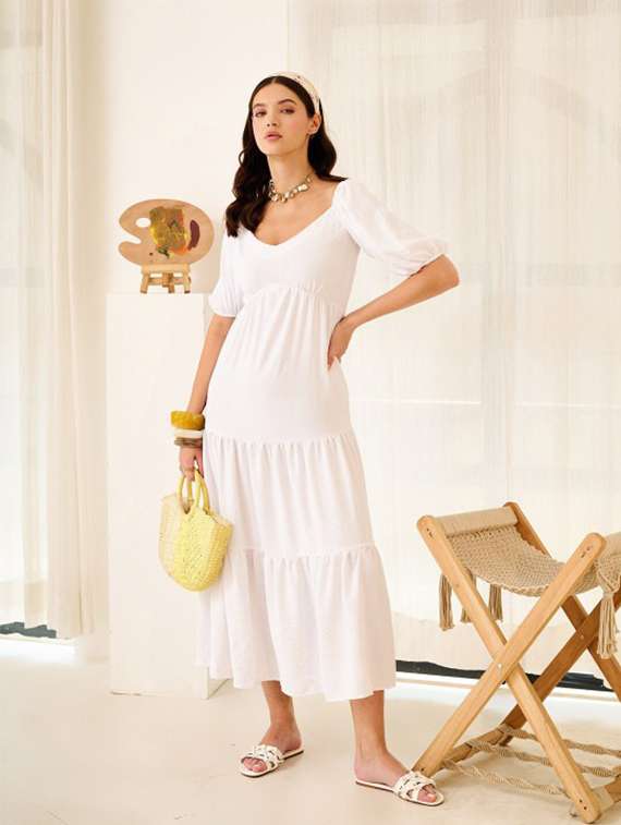 women solid puff sleeve tiered dress - 22223750 -  Standard Image - 2