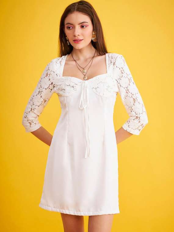 women white self designed lace a-line dress