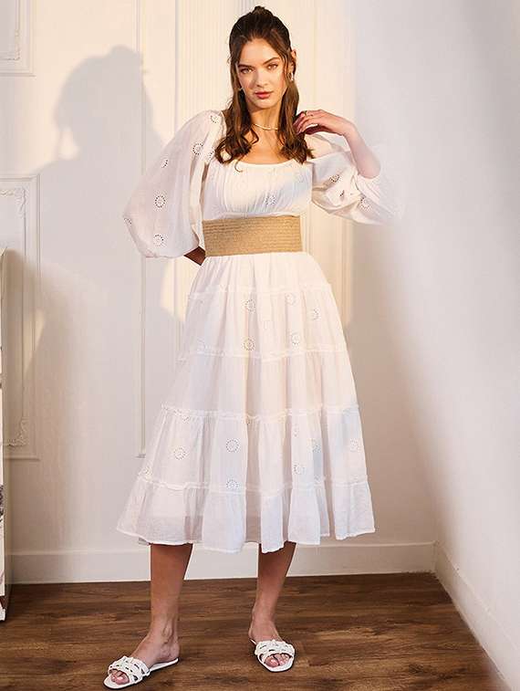 women solid puff sleeve schiffli detailed tiered dress