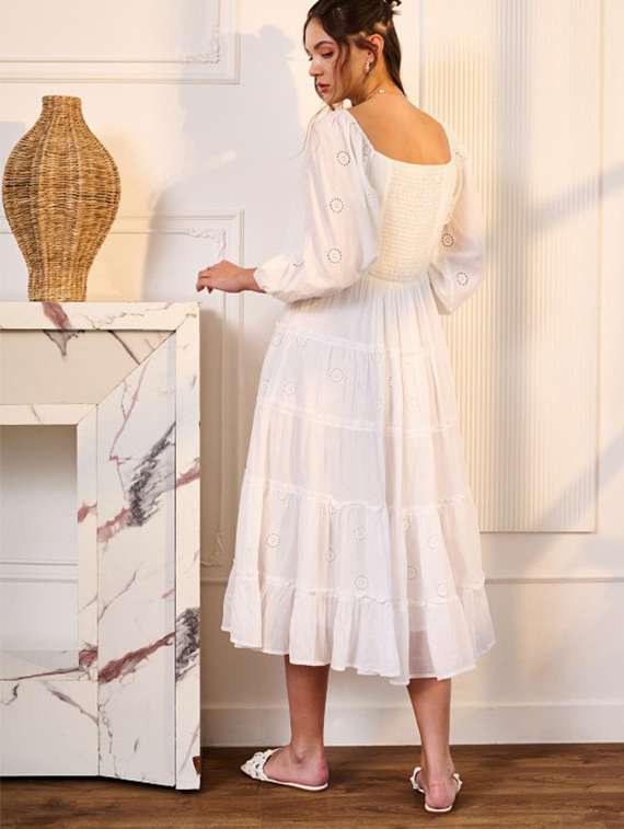 women solid puff sleeve schiffli detailed tiered dress - 22223754 -  Standard Image - 2