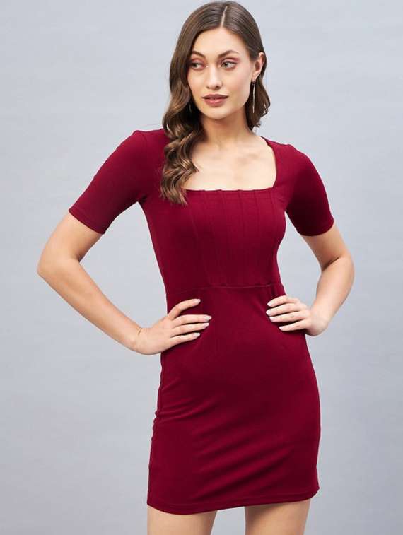 women solid short sleeve bodycon dress