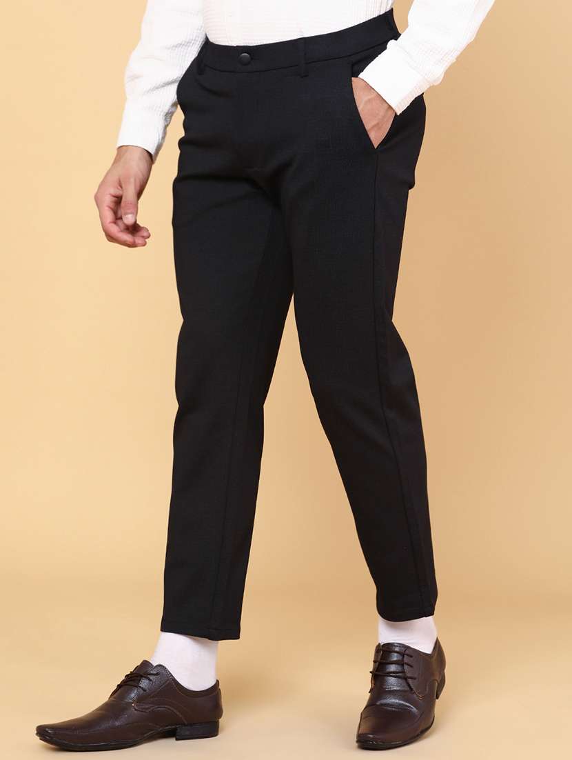 men black cotton flat front casual trouser