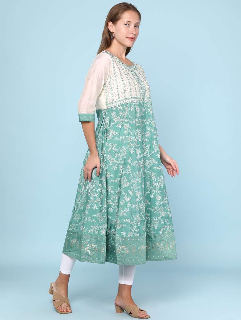 women floral printed three quarter sleeve flared kurta - 22224259 -  Standard Image - 2