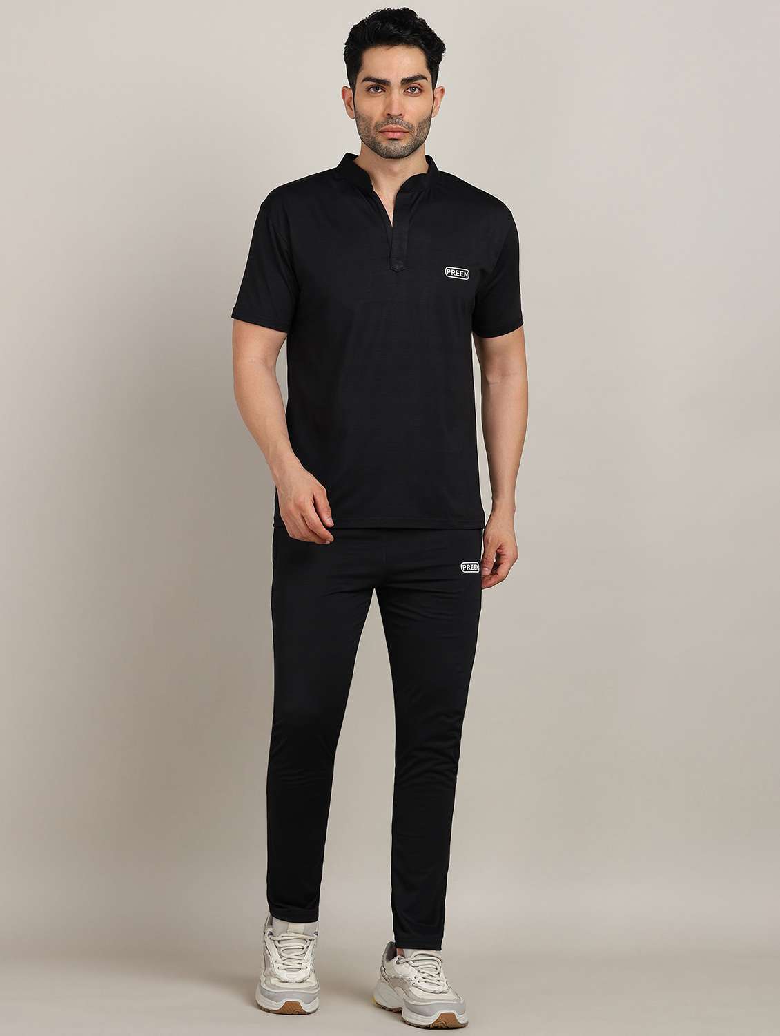 men solid short sleeve full length co-ord set