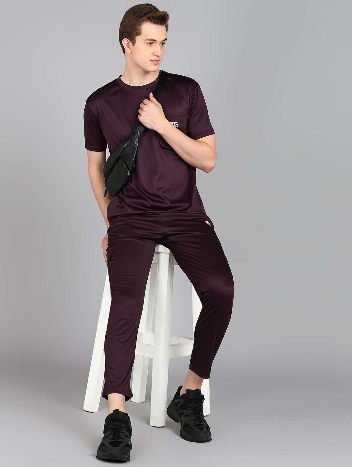 men solid short sleeve full length co-ord set