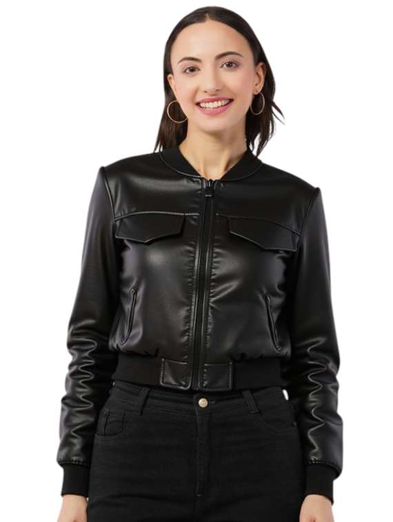 women black solid long sleeve leather jacket