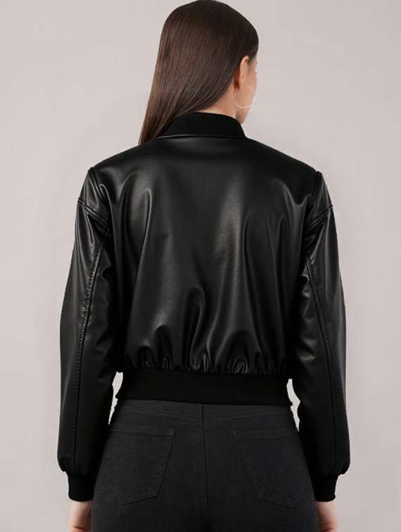 women black solid long sleeve leather jacket - 22224364 -  Standard Image - 2
