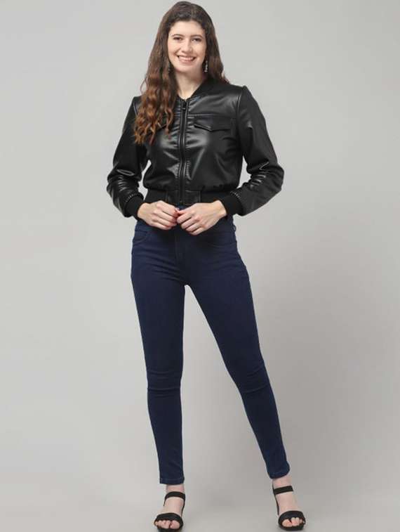 women black solid long sleeve leather jacket - 22224365 -  Standard Image - 2