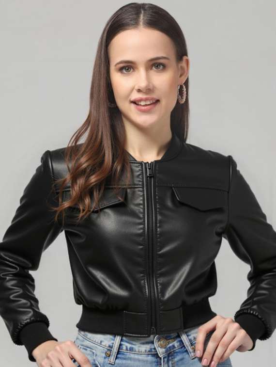 women black solid long sleeve leather jacket