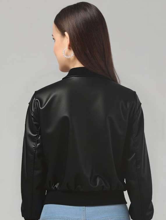 women black solid long sleeve leather jacket - 22224366 -  Standard Image - 2