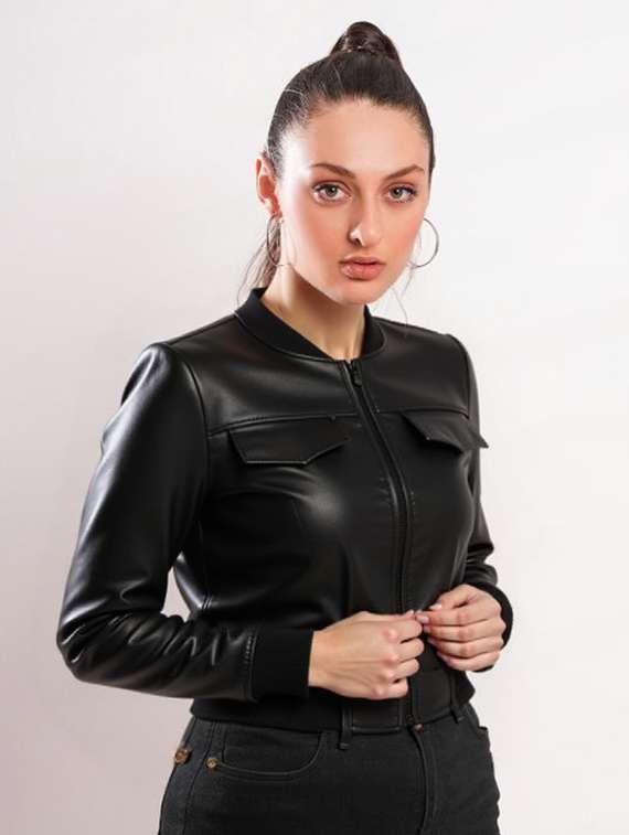women black solid long sleeve leather jacket