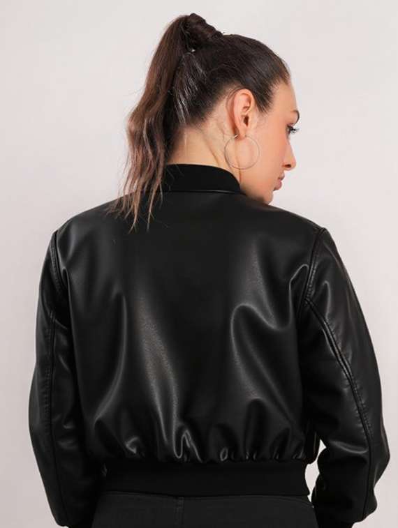 women black solid long sleeve leather jacket - 22224367 -  Standard Image - 2
