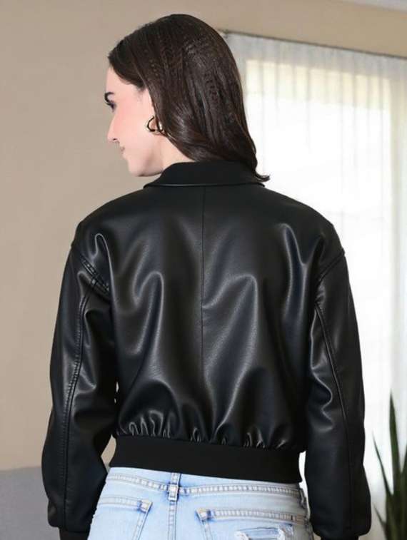 women black solid long sleeve leather jacket - 22224368 -  Standard Image - 2
