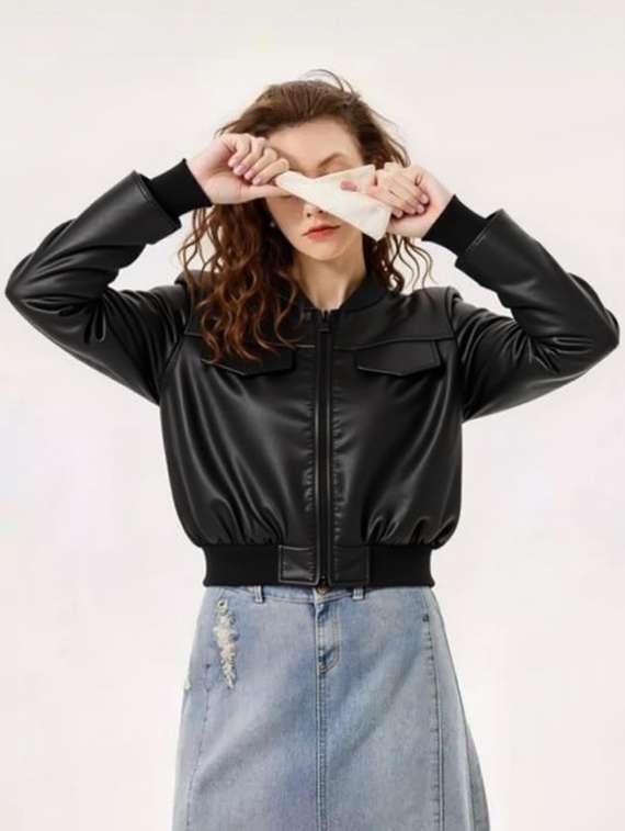 women black solid long sleeve leather jacket