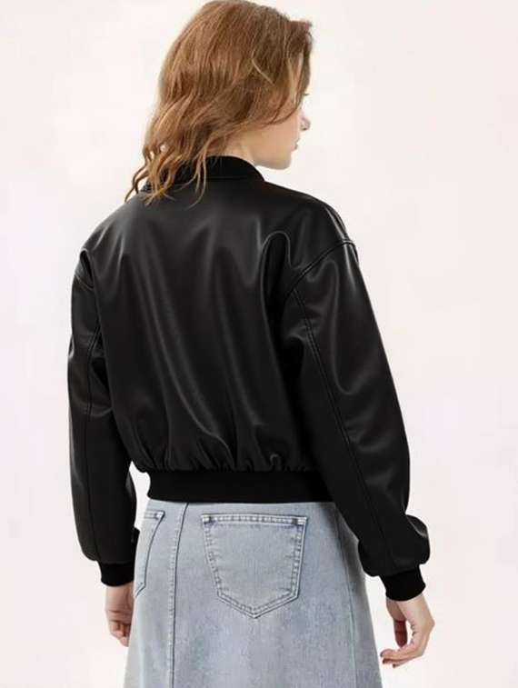 women black solid long sleeve leather jacket - 22224371 -  Standard Image - 2