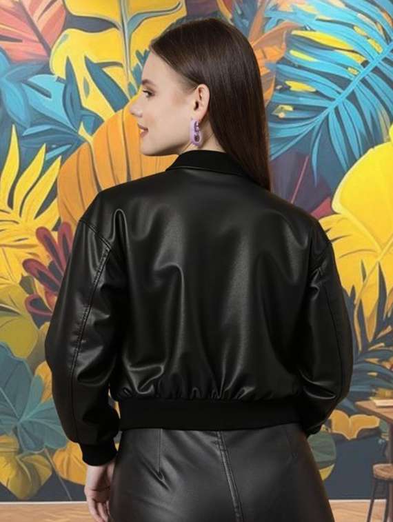 women black solid long sleeve leather jacket - 22224372 -  Standard Image - 2