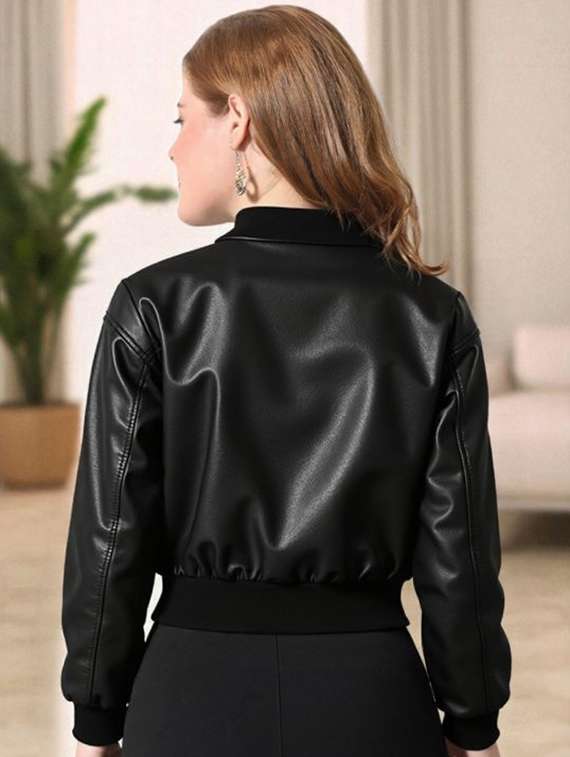 women black solid long sleeve leather jacket - 22224373 -  Standard Image - 2
