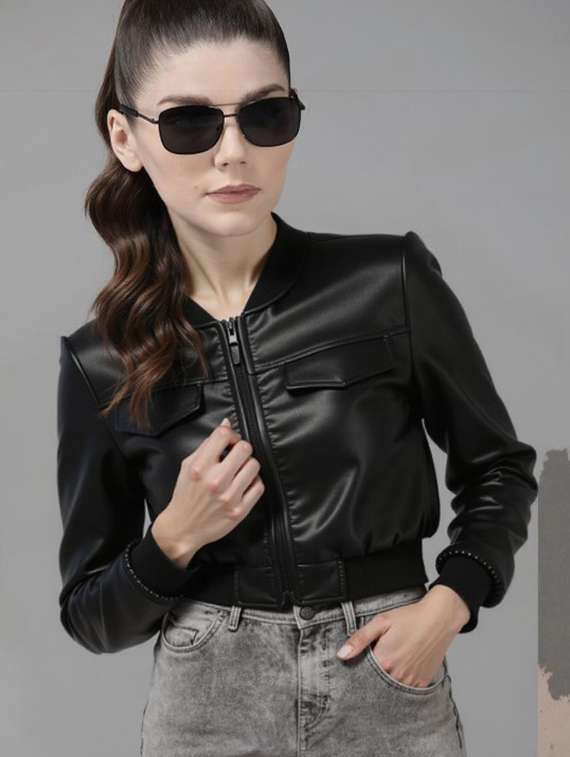 women black solid long sleeve leather jacket