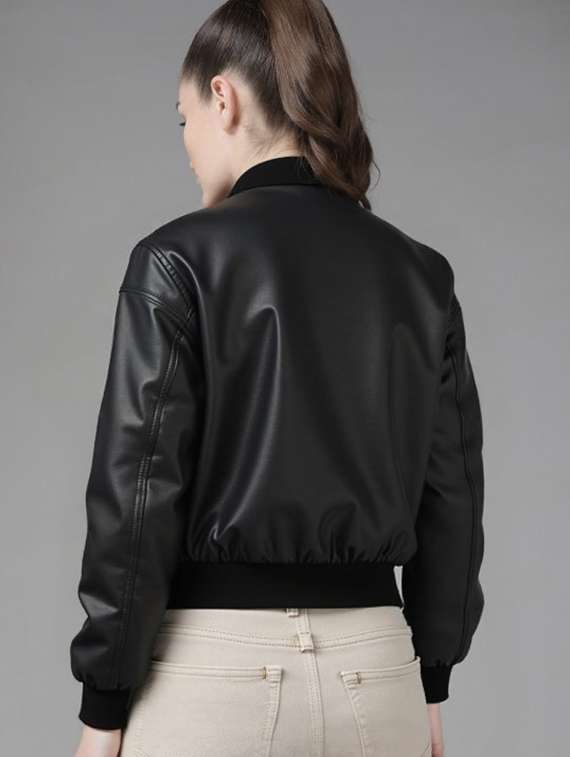 women black solid long sleeve leather jacket - 22224374 -  Standard Image - 2