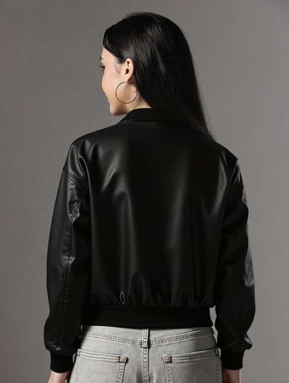 women black solid long sleeve leather jacket - 22224375 -  Standard Image - 2