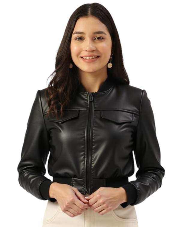 women black solid long sleeve leather jacket