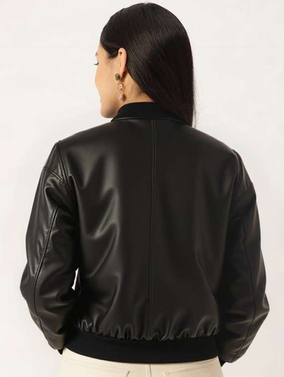 women black solid long sleeve leather jacket - 22224376 -  Standard Image - 2