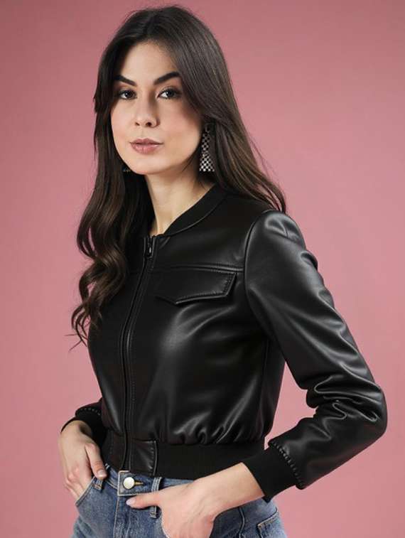 women black solid long sleeve leather jacket